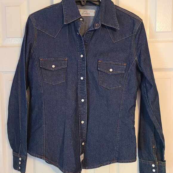 Vintage Levi Strauss Stretch Denim Pearl Snap Shirt Size Misses M 8/10 Western - Picture 2 of 4